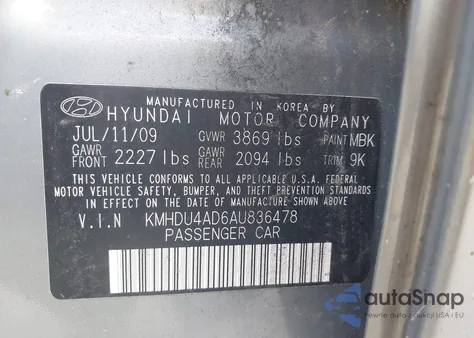 2010 Hyundai Elantra Gls z USA, uszkodzony, nr VIN KMHDU4AD6AU836478